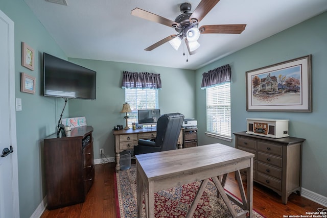 office area with dark hardwood / wood-style flooring and ceiling fan