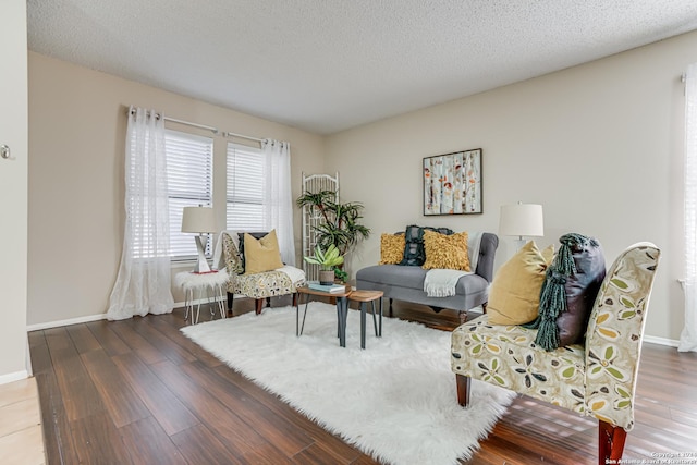 living room with a textured ceiling and hardwood / wood-style flooring