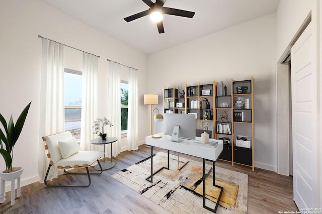 office area featuring ceiling fan and hardwood / wood-style floors