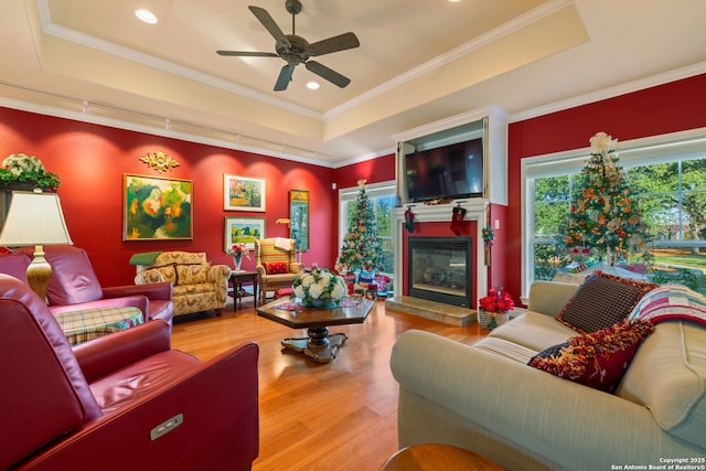 living room featuring ceiling fan, light hardwood / wood-style floors, track lighting, a tray ceiling, and ornamental molding