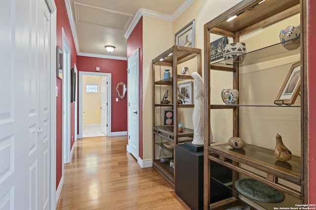 corridor featuring light hardwood / wood-style flooring and ornamental molding