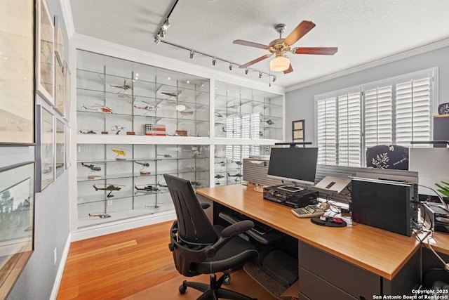 2166 Lightstone, Fredericksburg, TX 78624 - office space featuring rail lighting, wood finished floors, ceiling fan, a textured ceiling, and crown molding