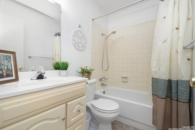 full bathroom featuring toilet, vanity, and shower / tub combo with curtain