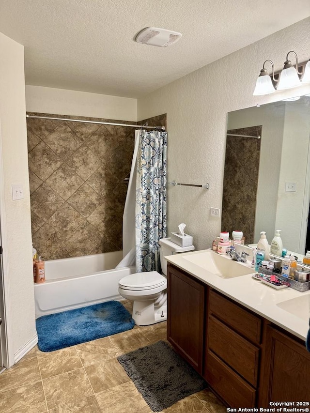 full bathroom with a textured ceiling, vanity, shower / bath combo, and toilet