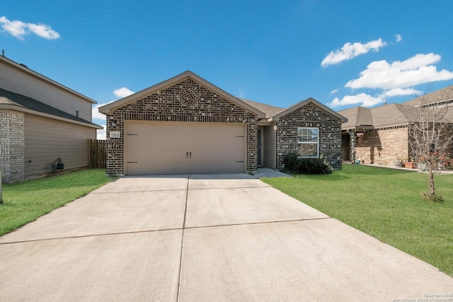 ranch-style house with a front yard and a garage