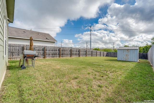 view of yard featuring a storage shed