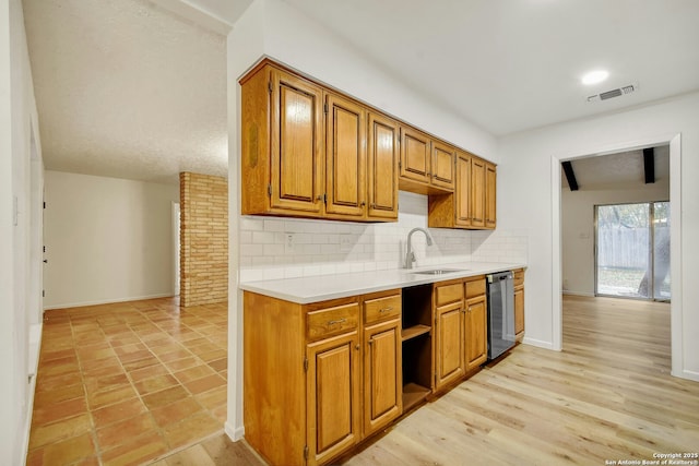 kitchen with decorative backsplash, light wood-type flooring, stainless steel dishwasher, and sink