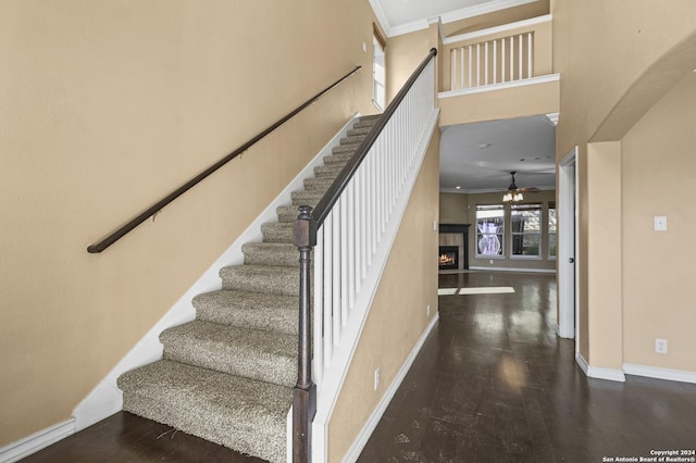 stairs featuring ceiling fan, hardwood / wood-style floors, and ornamental molding