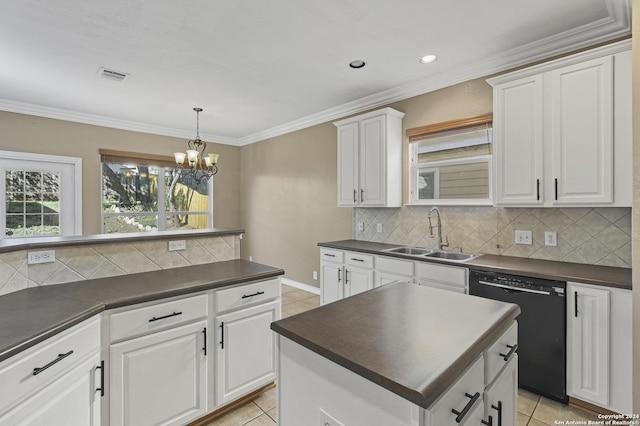 kitchen with dishwasher, a chandelier, white cabinetry, and sink