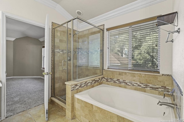 bathroom featuring ornamental molding, independent shower and bath, and vaulted ceiling