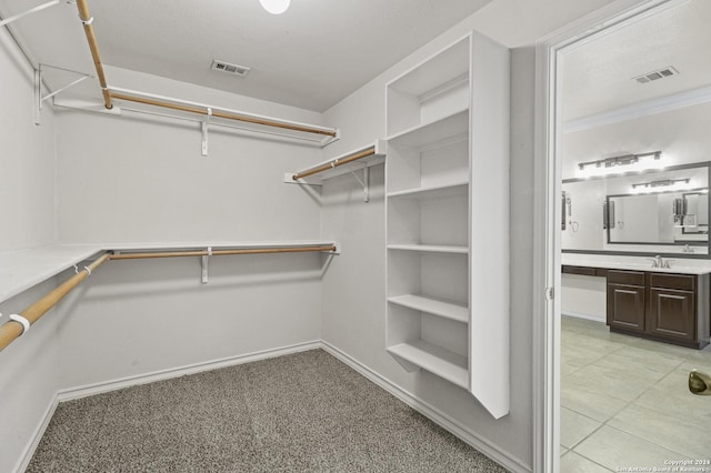 walk in closet featuring light colored carpet and sink