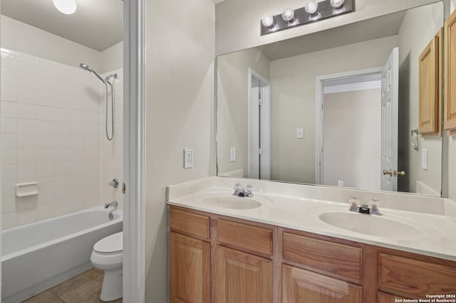 full bathroom with vanity, tile patterned flooring, shower / bathing tub combination, and toilet