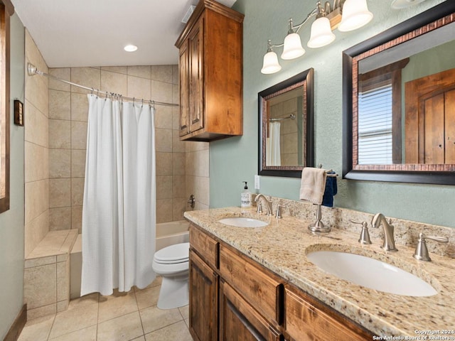 full bathroom featuring vanity, vaulted ceiling, tile patterned flooring, toilet, and shower / tub combo