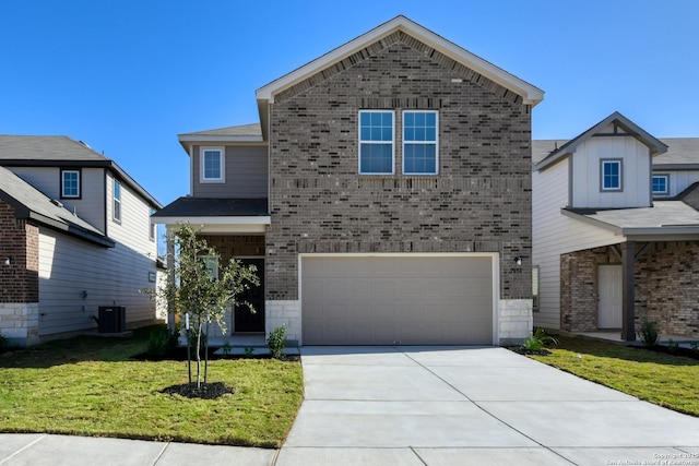 front of property featuring central AC, a front lawn, and a garage