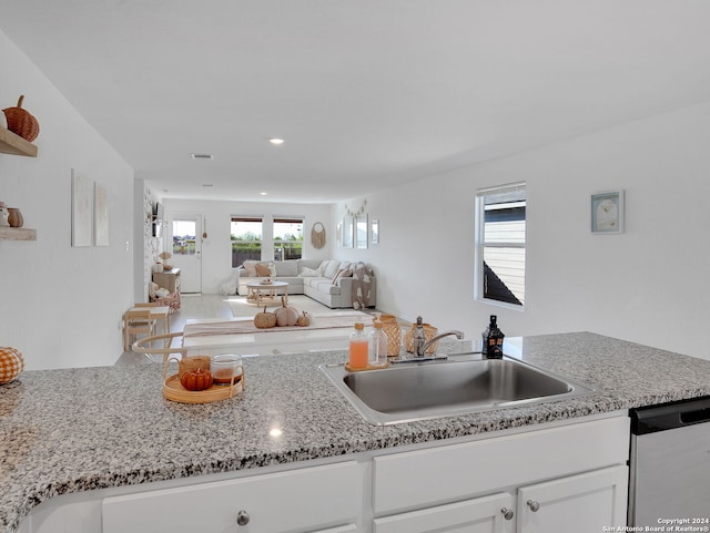 kitchen with stainless steel dishwasher, plenty of natural light, white cabinetry, and sink