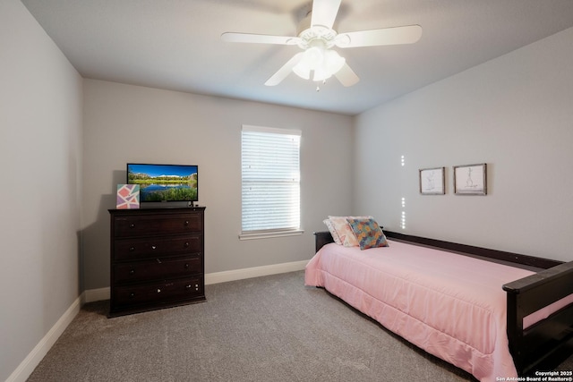 bedroom with light colored carpet and ceiling fan