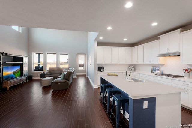 kitchen featuring white cabinetry, stainless steel gas cooktop, a kitchen island with sink, and sink