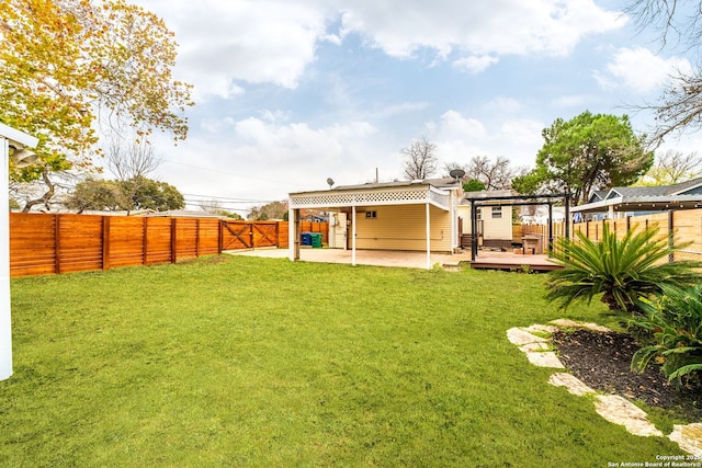 view of yard with a pergola and a wooden deck