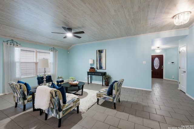 tiled living room with ceiling fan with notable chandelier, crown molding, and wooden ceiling