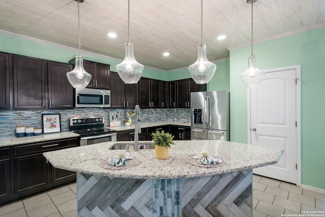 kitchen featuring sink, backsplash, pendant lighting, a center island with sink, and appliances with stainless steel finishes