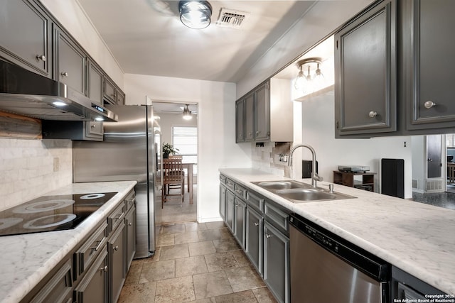 kitchen featuring dishwasher, sink, ceiling fan, decorative backsplash, and black electric cooktop