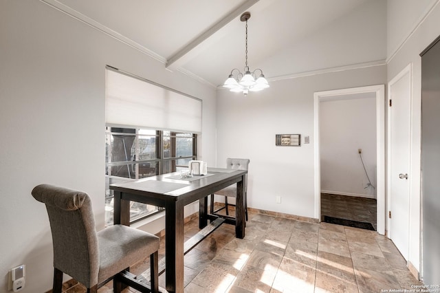 dining room featuring a notable chandelier and lofted ceiling with beams