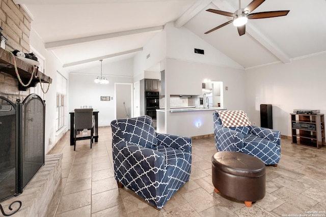 living room featuring beam ceiling, ceiling fan with notable chandelier, and high vaulted ceiling