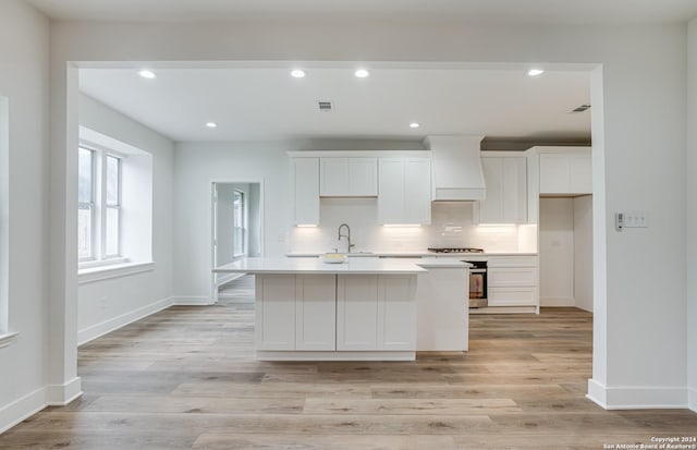 kitchen with white cabinetry, light hardwood / wood-style flooring, a kitchen island with sink, and custom exhaust hood