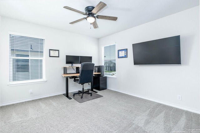 office area featuring carpet and ceiling fan