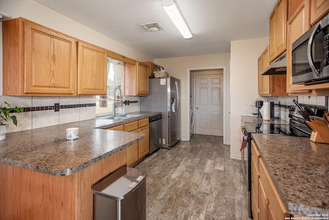 kitchen with backsplash, sink, hardwood / wood-style flooring, range hood, and appliances with stainless steel finishes