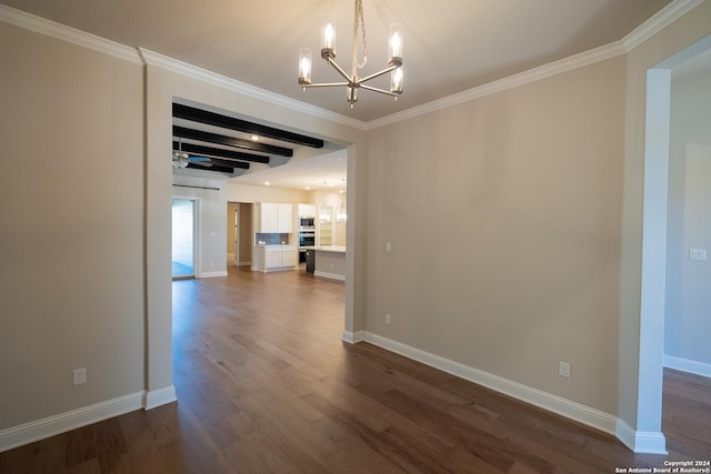 unfurnished dining area with beamed ceiling, wood-type flooring, crown molding, and a notable chandelier