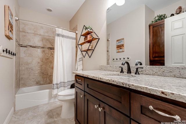 full bathroom featuring vanity, toilet, tile patterned floors, and shower / bath combo with shower curtain