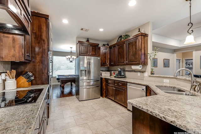 kitchen featuring stainless steel appliances, decorative light fixtures, sink, and dark brown cabinets