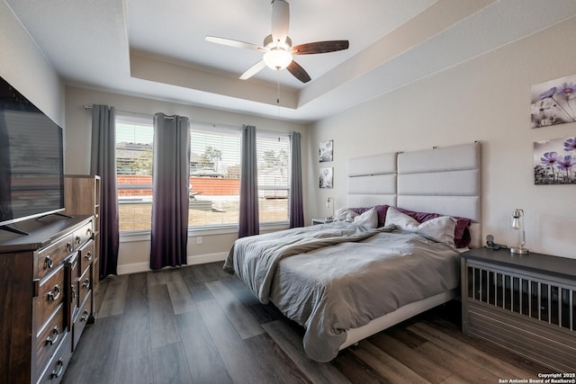 bedroom featuring ceiling fan, dark hardwood / wood-style flooring, and a raised ceiling