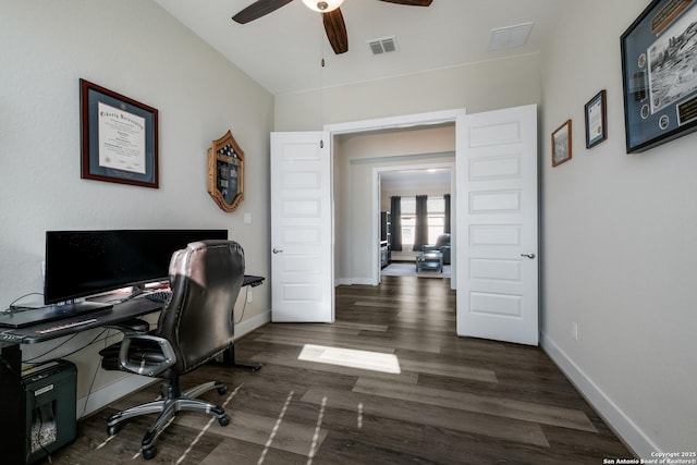 office with ceiling fan and dark hardwood / wood-style flooring