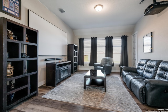 living room featuring a fireplace, dark hardwood / wood-style floors, and vaulted ceiling