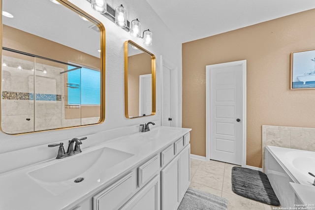 bathroom featuring tile patterned flooring, vanity, and independent shower and bath