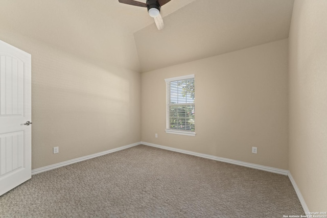 unfurnished room with carpet, ceiling fan, and lofted ceiling