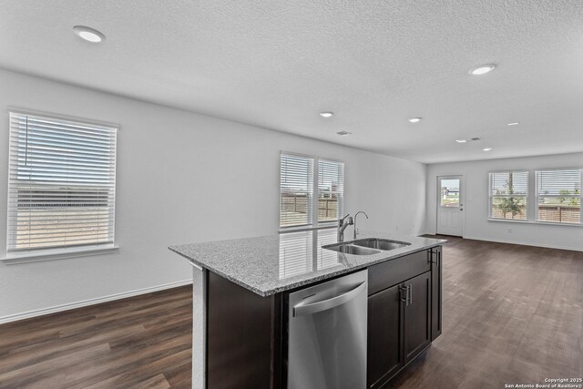 kitchen with a healthy amount of sunlight, a kitchen island with sink, sink, and stainless steel dishwasher