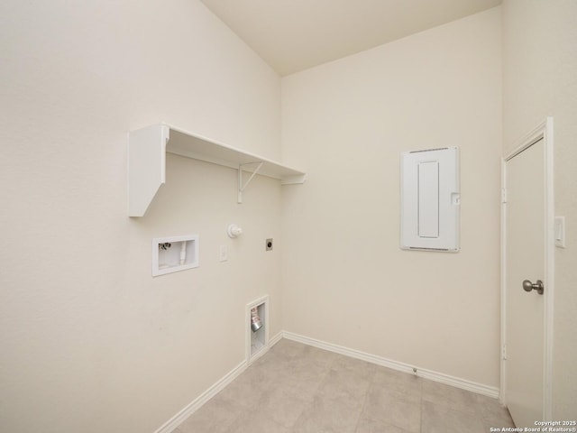 laundry room with washer hookup, electric panel, hookup for a gas dryer, and electric dryer hookup