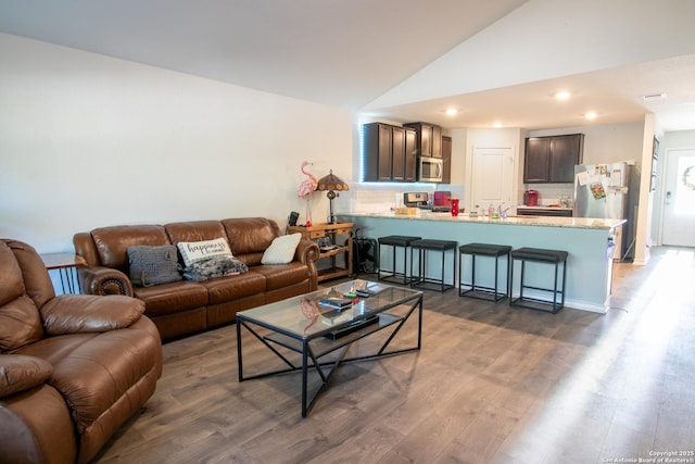 living room featuring wood-type flooring, vaulted ceiling, and sink