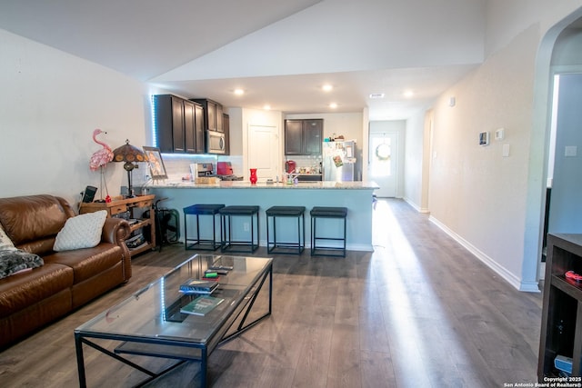 living room featuring dark hardwood / wood-style flooring and lofted ceiling