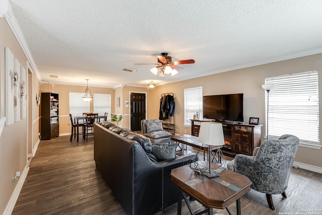 living room with a textured ceiling, ceiling fan, dark hardwood / wood-style flooring, and crown molding