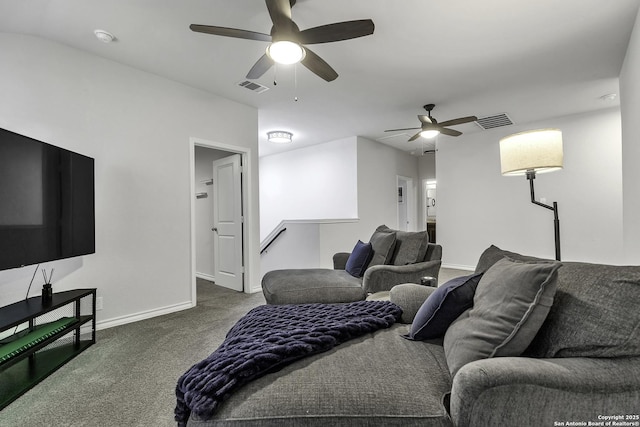 bedroom with dark carpet and ceiling fan