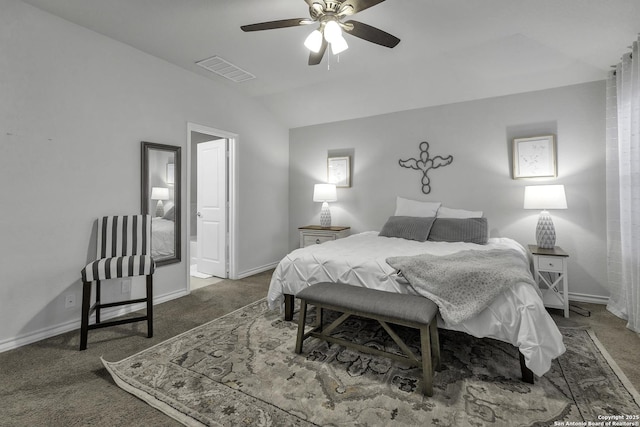 carpeted bedroom with ceiling fan and lofted ceiling