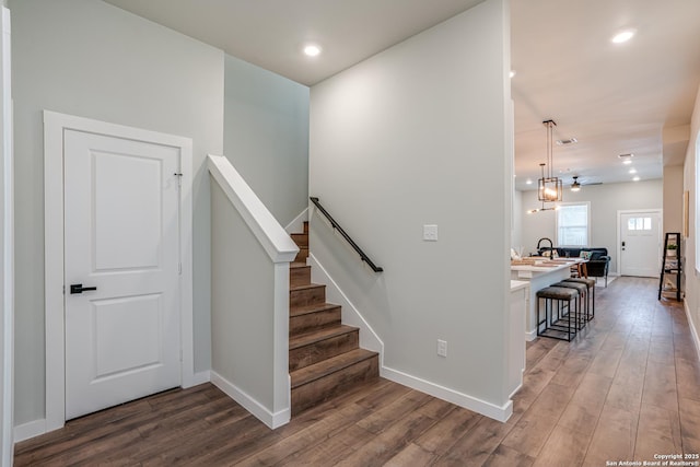 staircase featuring ceiling fan, hardwood / wood-style floors, and sink