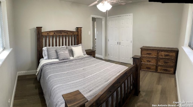 bedroom with ceiling fan, dark hardwood / wood-style floors, and a closet