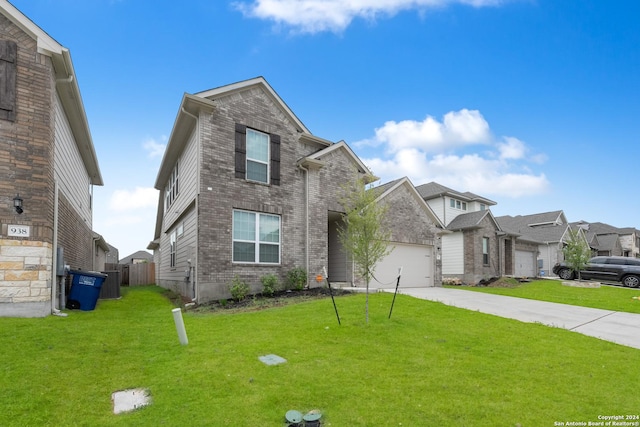 view of front property with a front yard, a garage, and cooling unit