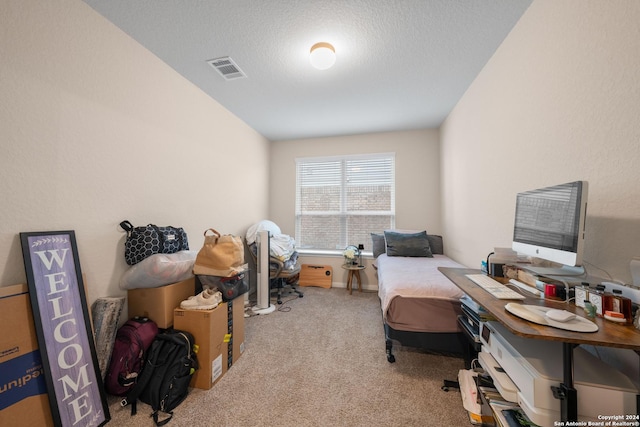 office space with light carpet and a textured ceiling