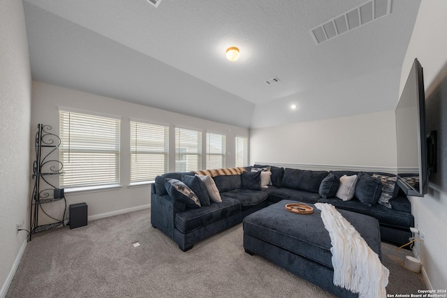 living room featuring carpet flooring, lofted ceiling, and a textured ceiling